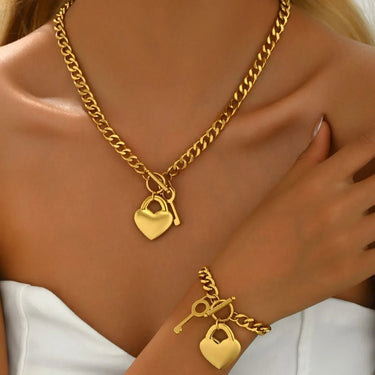 18K Gold - Plated Heart Lock Pendant Necklace and Bracelet Jewelry Set - Coolpeacock